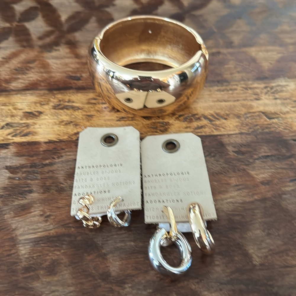 Anthropologie Mixed Metal Hoop Earrings Set and bracelet bangle clip